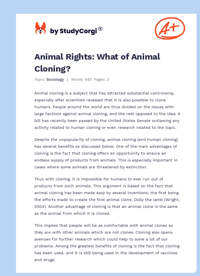 Animal Rights: What of Animal Cloning?. Page 1