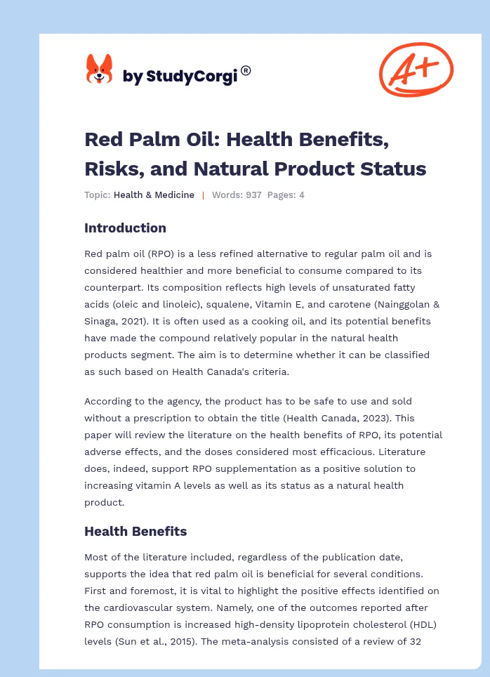 Red Palm Oil: Health Benefits, Risks, and Natural Product Status. Page 1