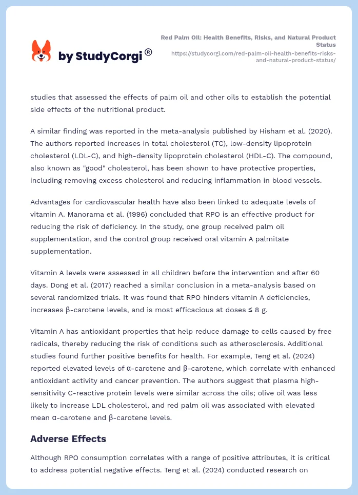 Red Palm Oil: Health Benefits, Risks, and Natural Product Status. Page 2