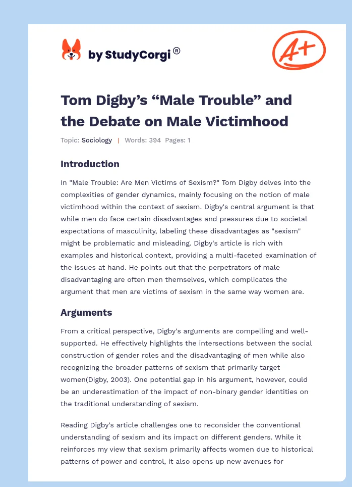 Tom Digby’s “Male Trouble” and the Debate on Male Victimhood. Page 1