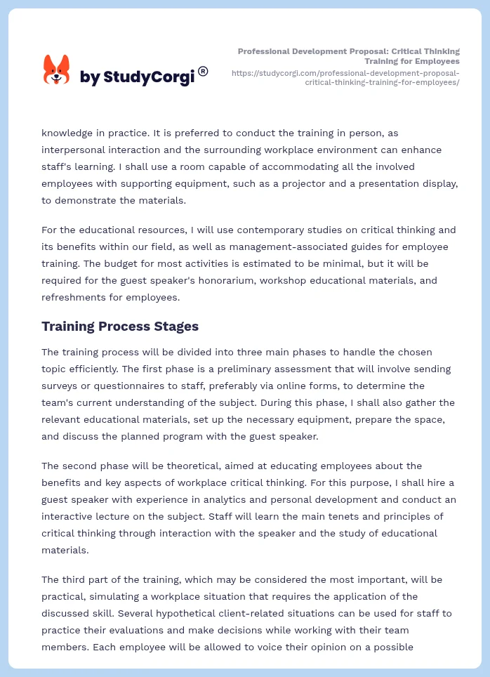 Professional Development Proposal: Critical Thinking Training for Employees. Page 2