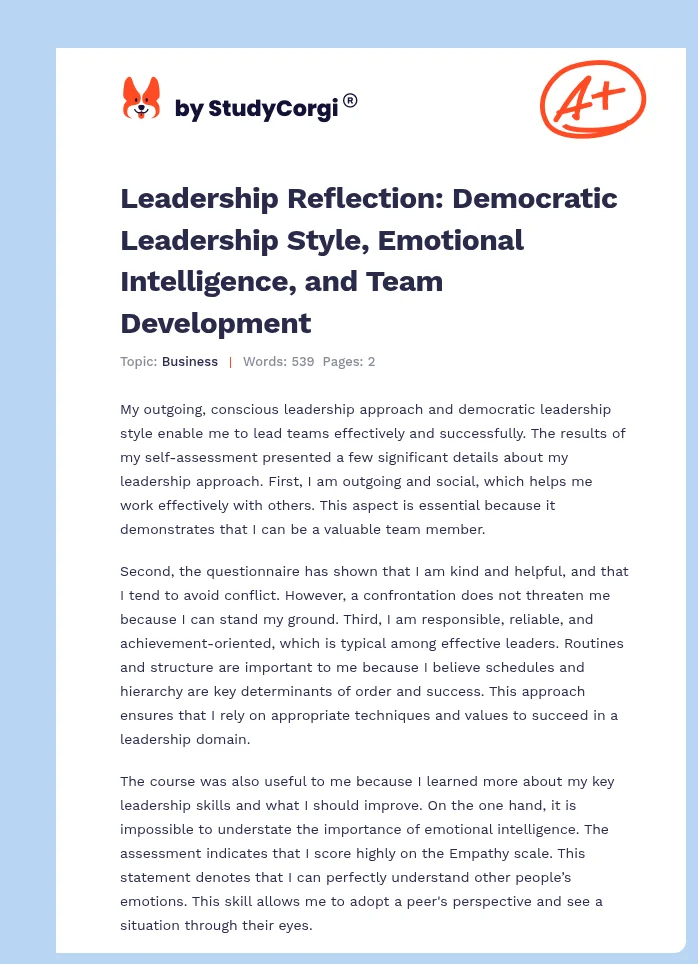 Leadership Reflection: Democratic Leadership Style, Emotional Intelligence, and Team Development. Page 1
