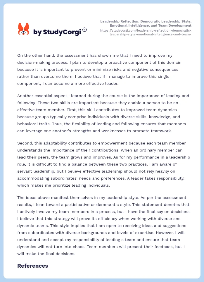 Leadership Reflection: Democratic Leadership Style, Emotional Intelligence, and Team Development. Page 2