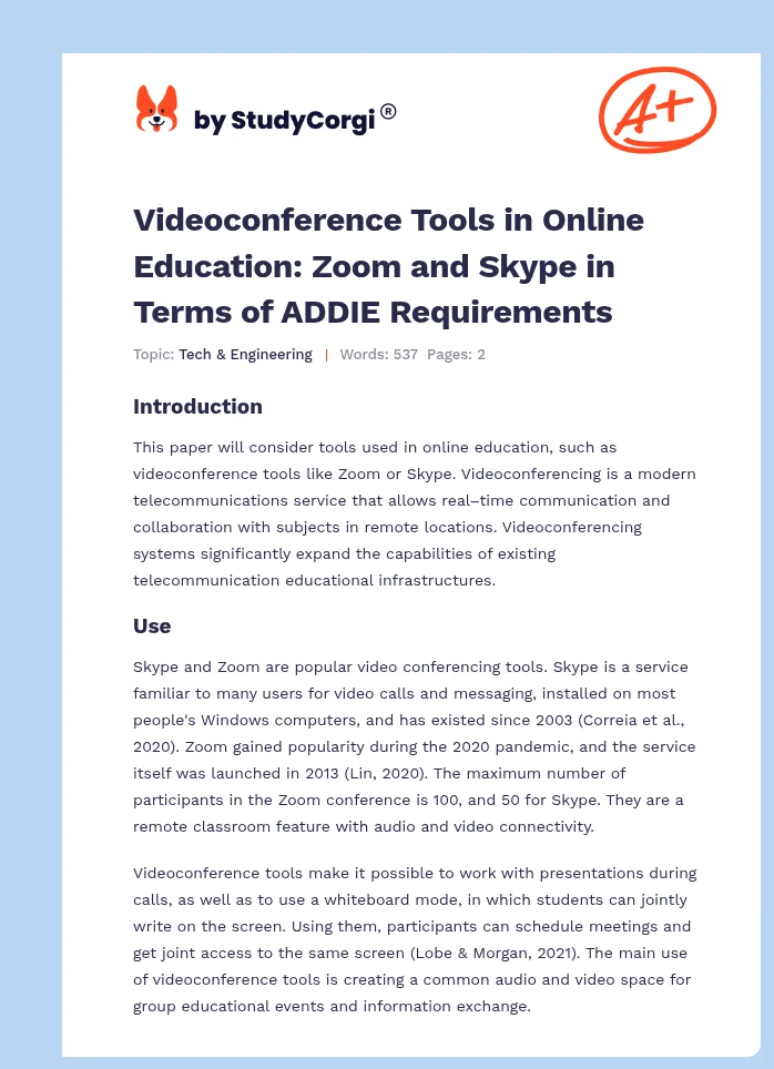 Videoconference Tools in Online Education: Zoom and Skype in Terms of ADDIE Requirements. Page 1
