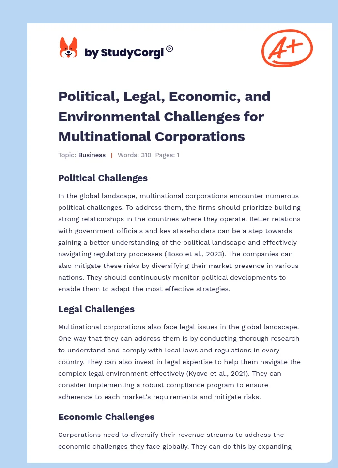 Political, Legal, Economic, and Environmental Challenges for Multinational Corporations. Page 1