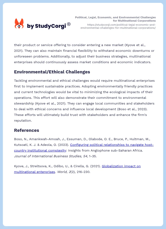 Political, Legal, Economic, and Environmental Challenges for Multinational Corporations. Page 2