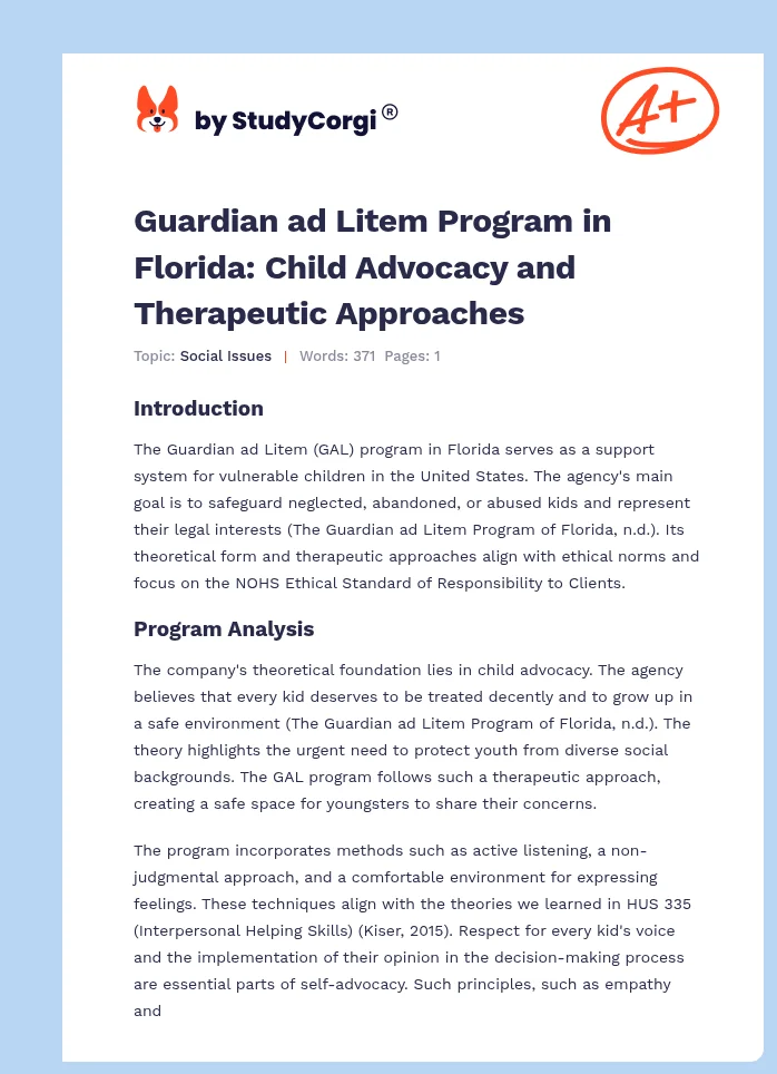 Guardian ad Litem Program in Florida: Child Advocacy and Therapeutic Approaches. Page 1