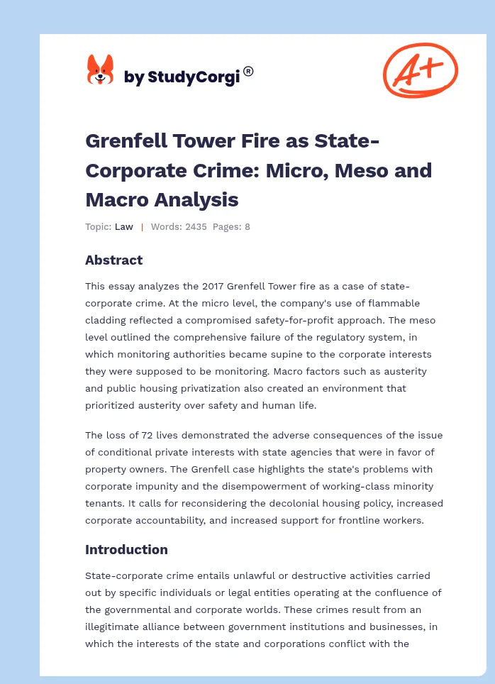Grenfell Tower Fire as State-Corporate Crime: Micro, Meso and Macro Analysis. Page 1