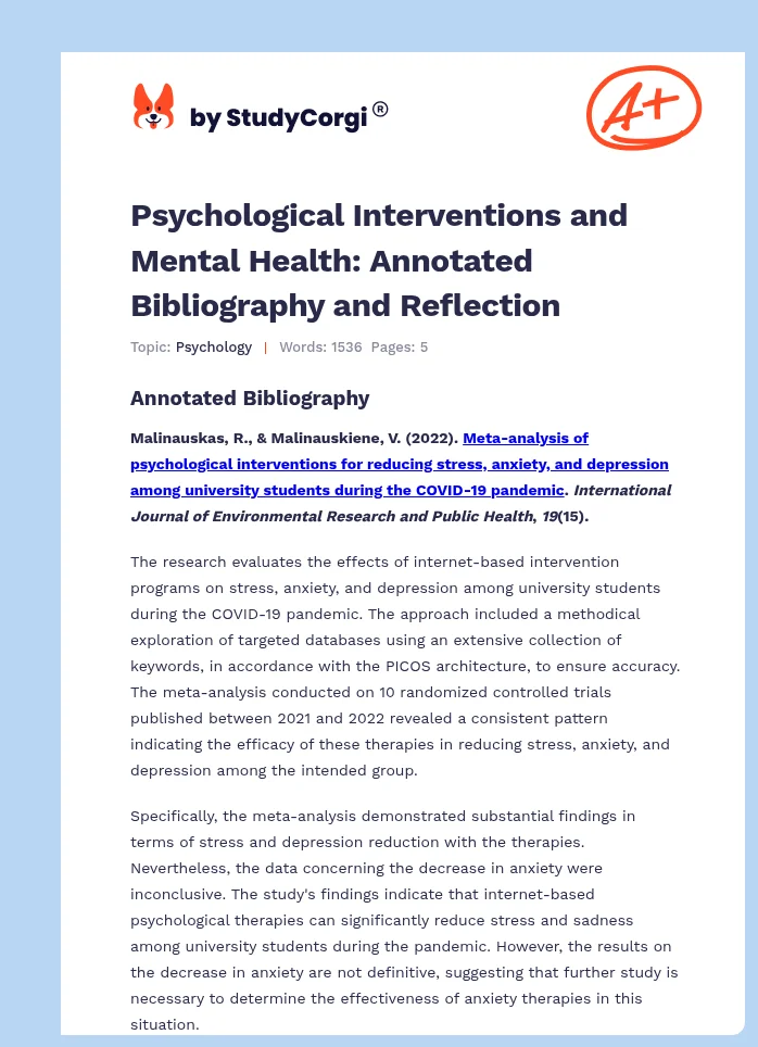 Psychological Interventions and Mental Health: Annotated Bibliography and Reflection. Page 1