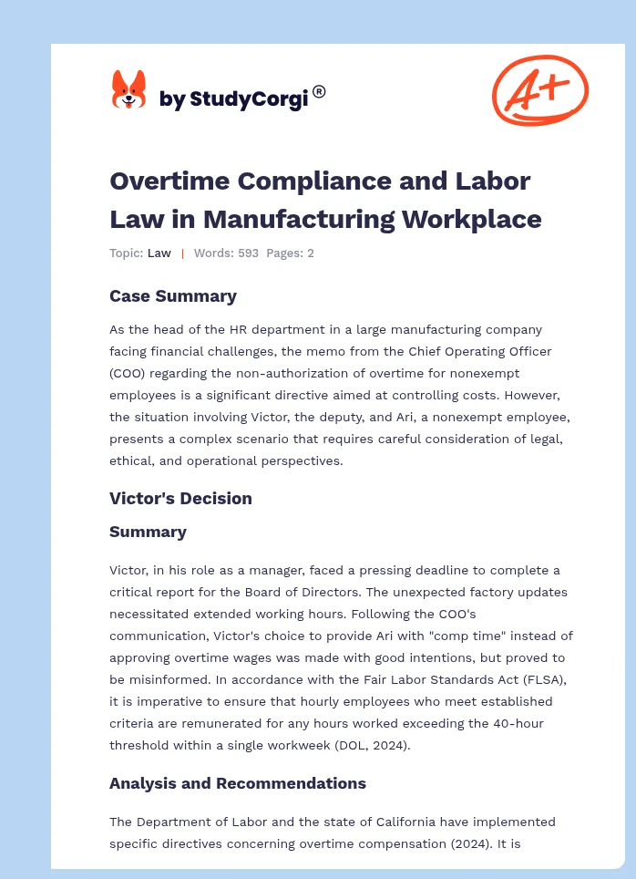 Overtime Compliance and Labor Law in Manufacturing Workplace. Page 1
