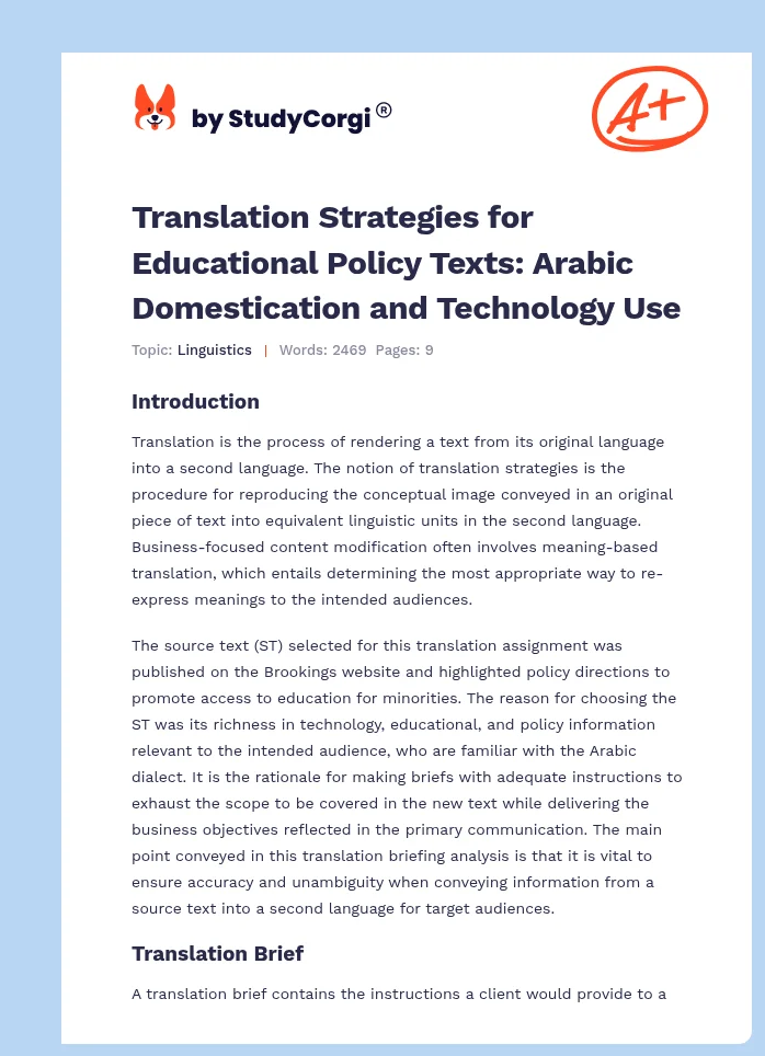 Translation Strategies for Educational Policy Texts: Arabic Domestication and Technology Use. Page 1