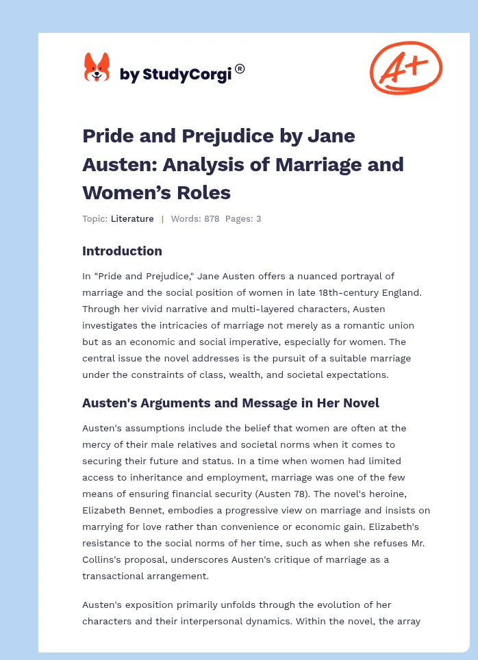 Pride and Prejudice by Jane Austen: Analysis of Marriage and Women’s Roles. Page 1
