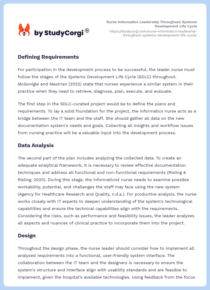 Nurse Informatics Leadership Throughout Systems Development Life Cycle. Page 2