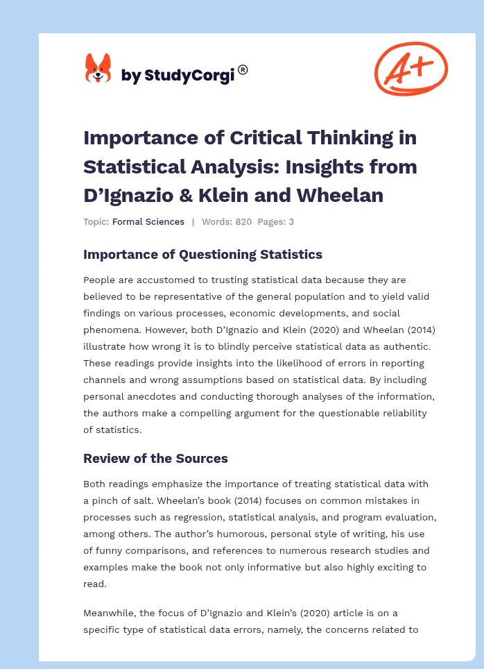 Importance of Critical Thinking in Statistical Analysis: Insights from D’Ignazio & Klein and Wheelan. Page 1
