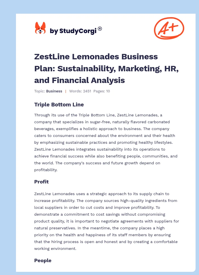 ZestLine Lemonades Business Plan: Sustainability, Marketing, HR, and Financial Analysis. Page 1