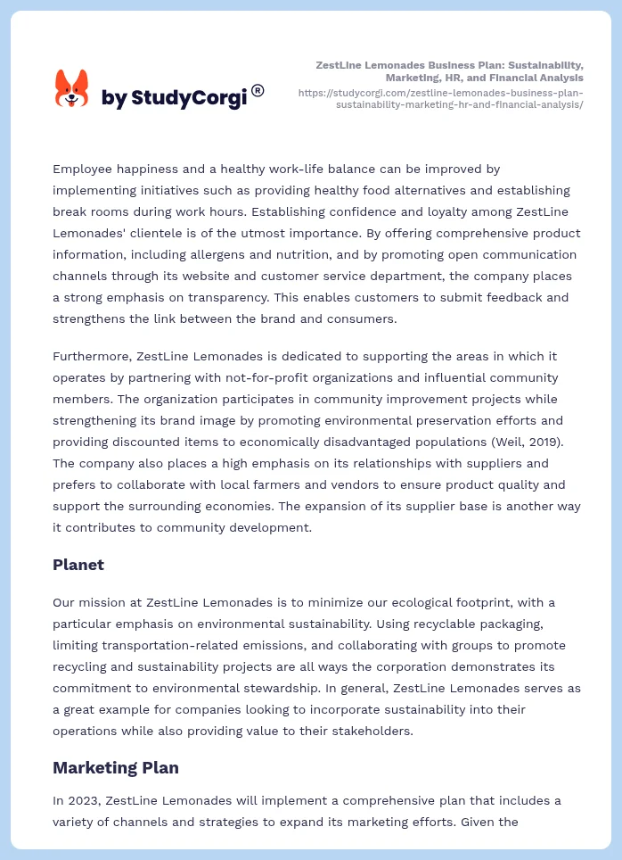 ZestLine Lemonades Business Plan: Sustainability, Marketing, HR, and Financial Analysis. Page 2
