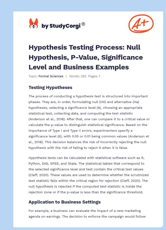 Hypothesis Testing Process: Null Hypothesis, P-Value, Significance Level and Business Examples. Page 1