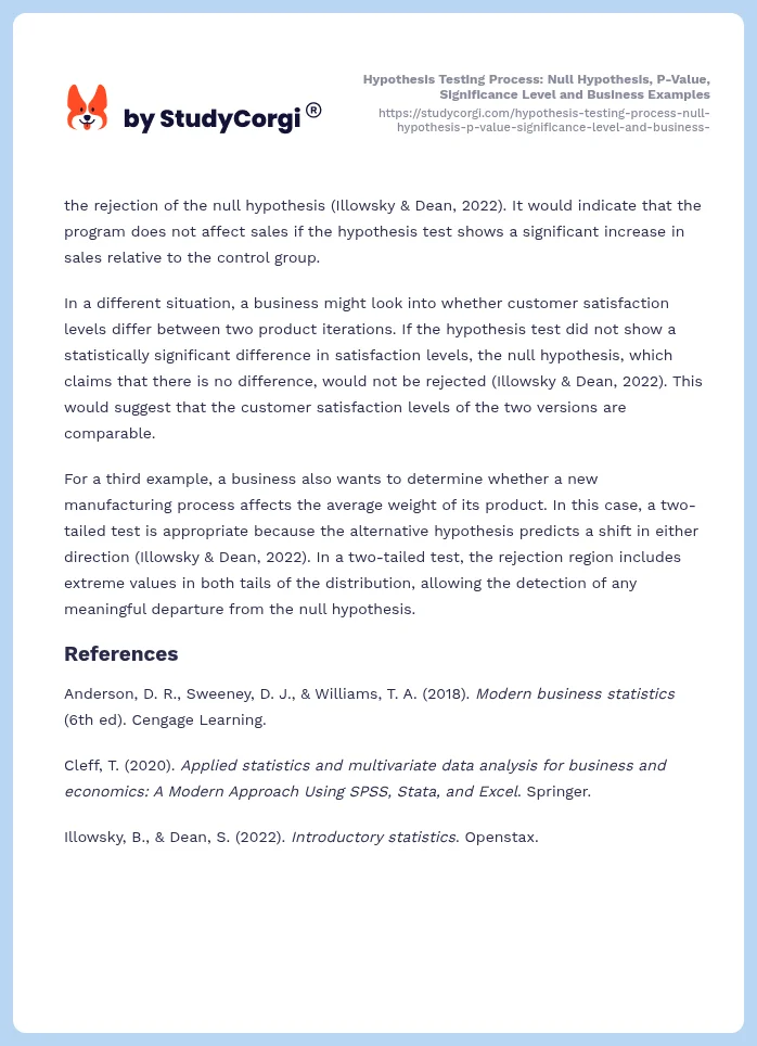 Hypothesis Testing Process: Null Hypothesis, P-Value, Significance Level and Business Examples. Page 2