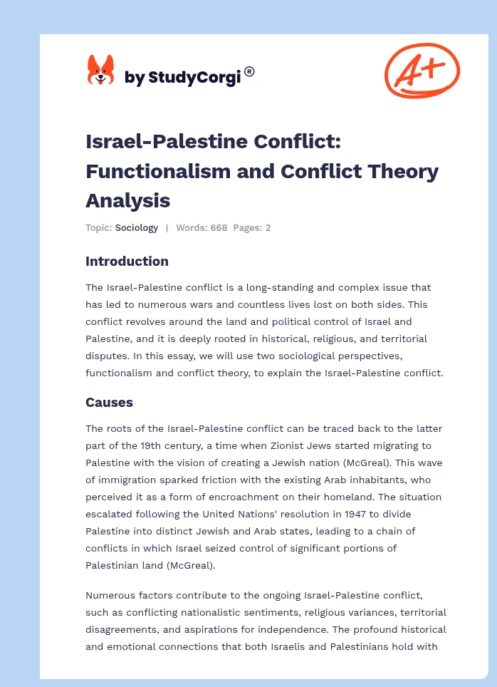 Israel-Palestine Conflict: Functionalism and Conflict Theory Analysis. Page 1