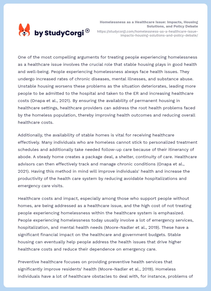Homelessness as a Healthcare Issue: Impacts, Housing Solutions, and Policy Debate. Page 2
