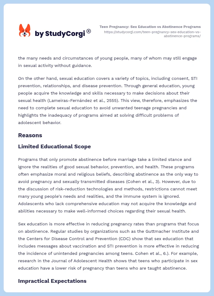 Teen Pregnancy: Sex Education vs Abstinence Programs. Page 2