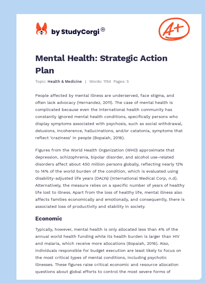 Mental Health: Strategic Action Plan. Page 1