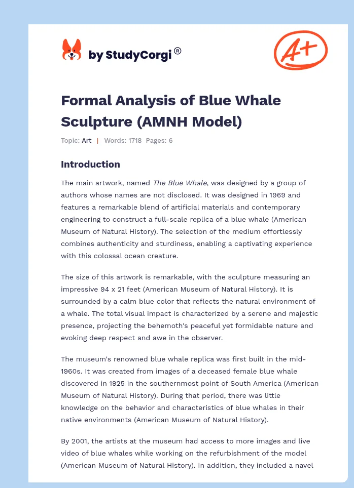 Formal Analysis of Blue Whale Sculpture (AMNH Model). Page 1