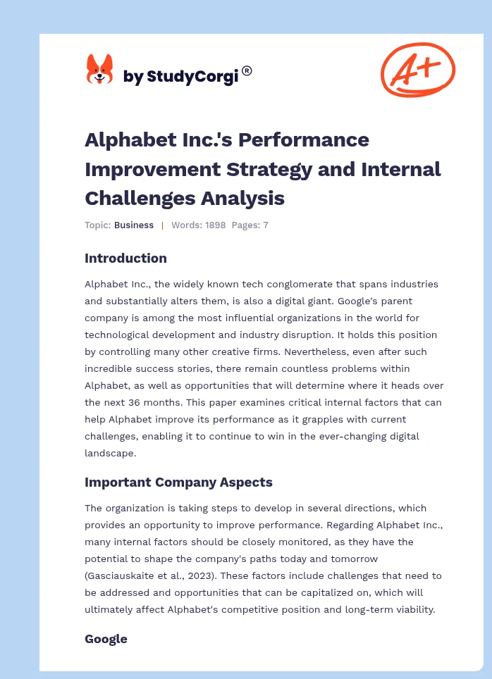 Alphabet Inc.'s Performance Improvement Strategy and Internal Challenges Analysis. Page 1