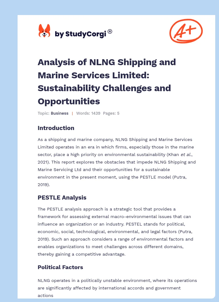 Analysis of NLNG Shipping and Marine Services Limited: Sustainability Challenges and Opportunities. Page 1