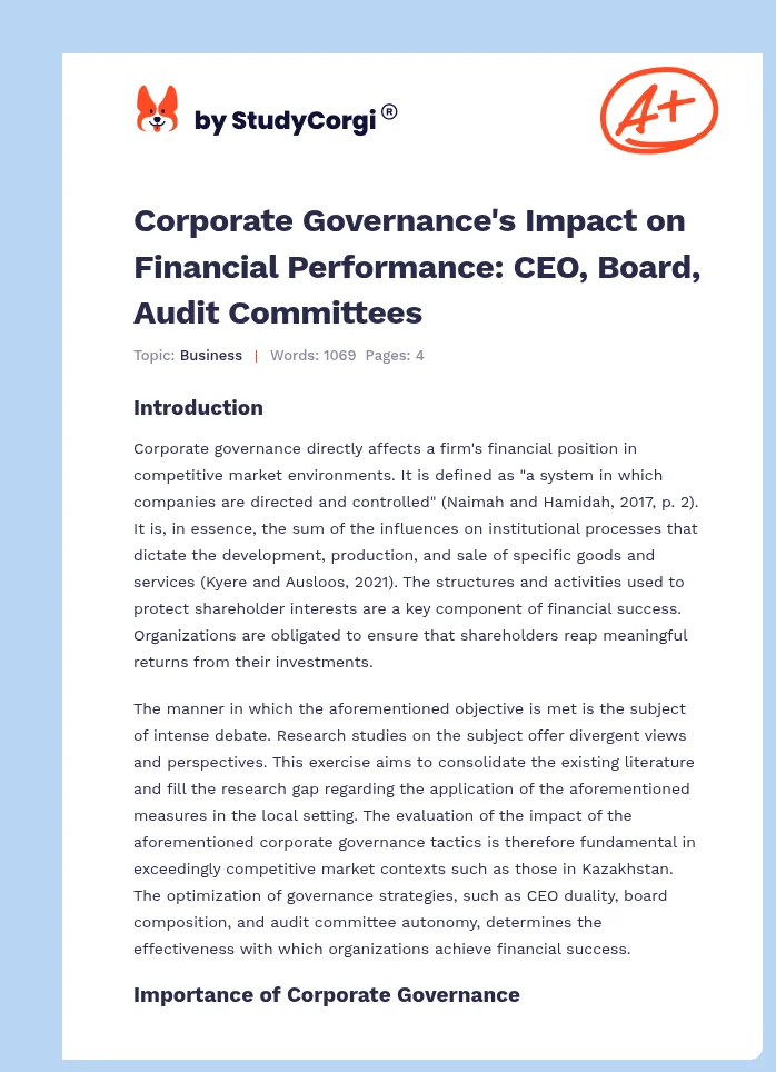 Corporate Governance's Impact on Financial Performance: CEO, Board, Audit Committees. Page 1