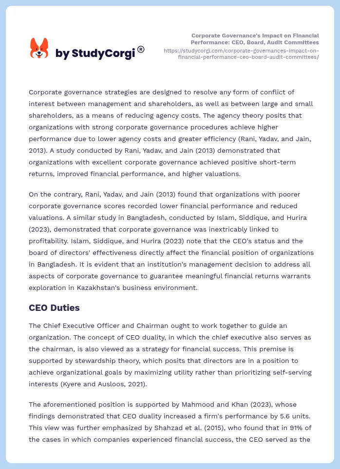 Corporate Governance's Impact on Financial Performance: CEO, Board, Audit Committees. Page 2