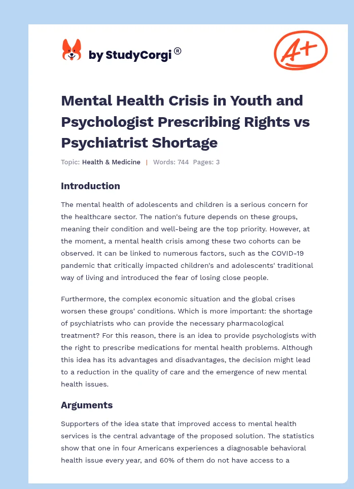 Mental Health Crisis in Youth and Psychologist Prescribing Rights vs Psychiatrist Shortage. Page 1