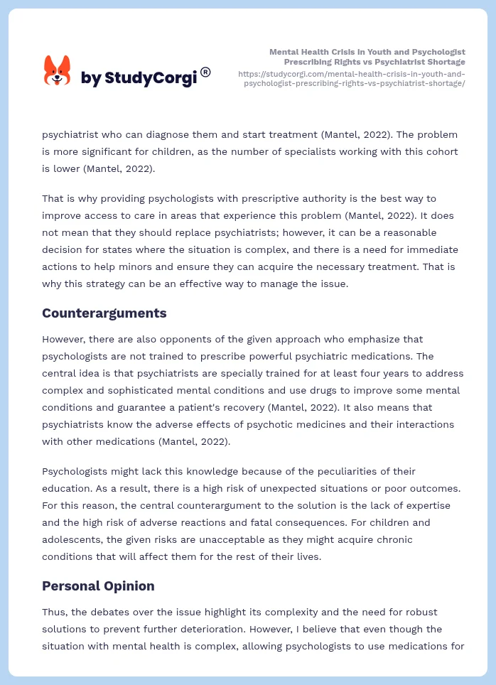 Mental Health Crisis in Youth and Psychologist Prescribing Rights vs Psychiatrist Shortage. Page 2