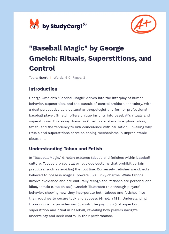 "Baseball Magic" by George Gmelch: Rituals, Superstitions, and Control. Page 1
