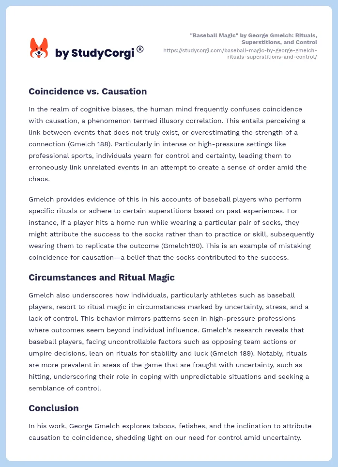 "Baseball Magic" by George Gmelch: Rituals, Superstitions, and Control. Page 2