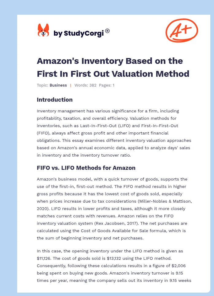 Amazon's Inventory Based on the First In First Out Valuation Method. Page 1
