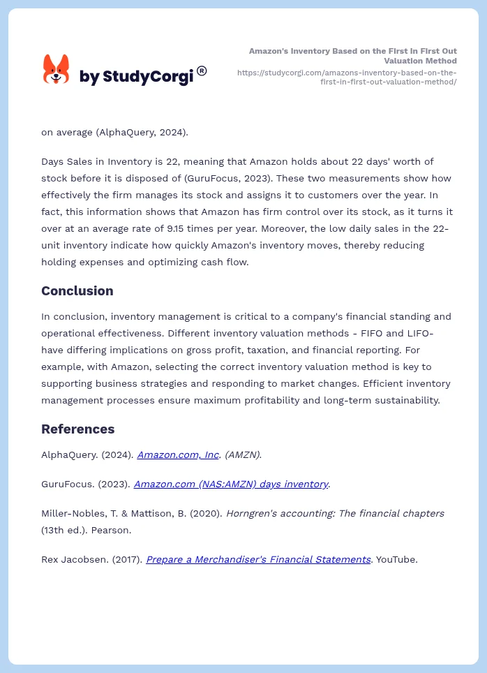 Amazon's Inventory Based on the First In First Out Valuation Method. Page 2