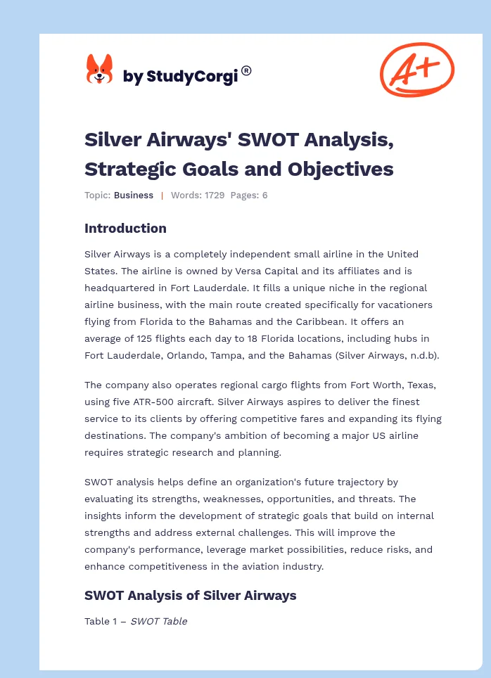 Silver Airways' SWOT Analysis, Strategic Goals and Objectives. Page 1