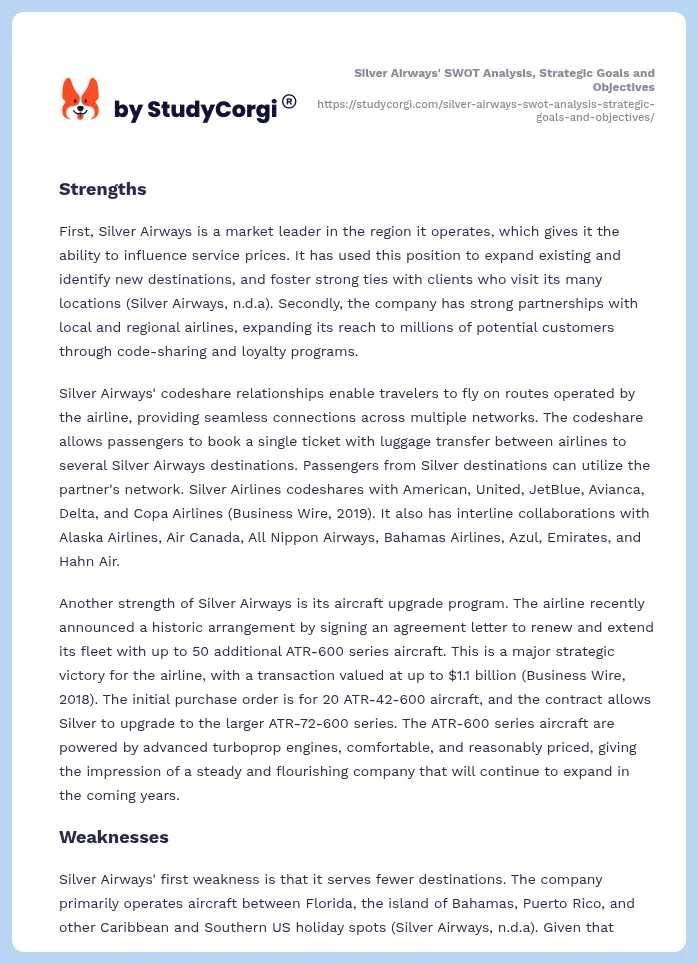 Silver Airways' SWOT Analysis, Strategic Goals and Objectives. Page 2
