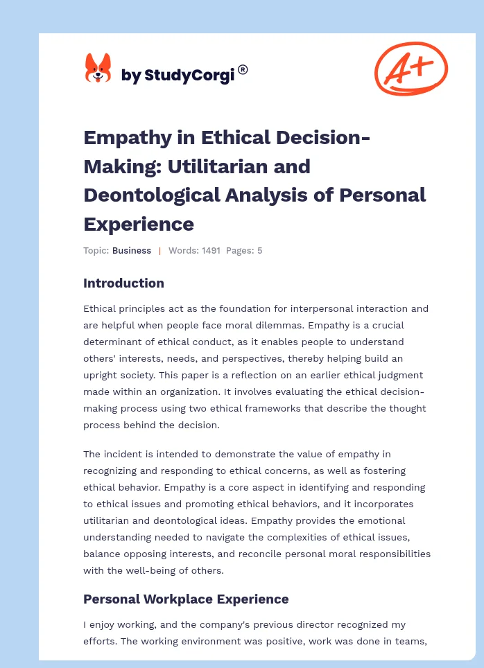 Empathy in Ethical Decision-Making: Utilitarian and Deontological Analysis of Personal Experience. Page 1