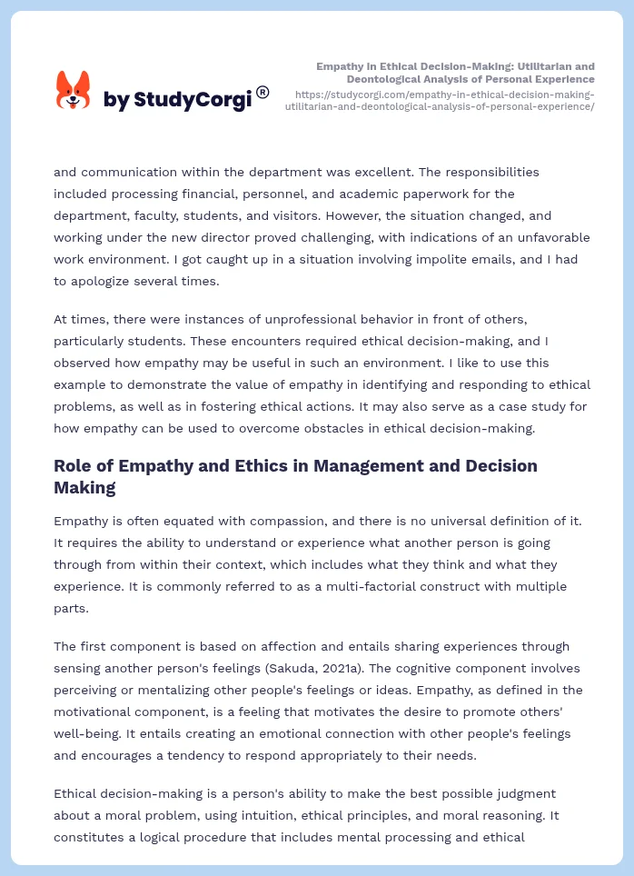 Empathy in Ethical Decision-Making: Utilitarian and Deontological Analysis of Personal Experience. Page 2