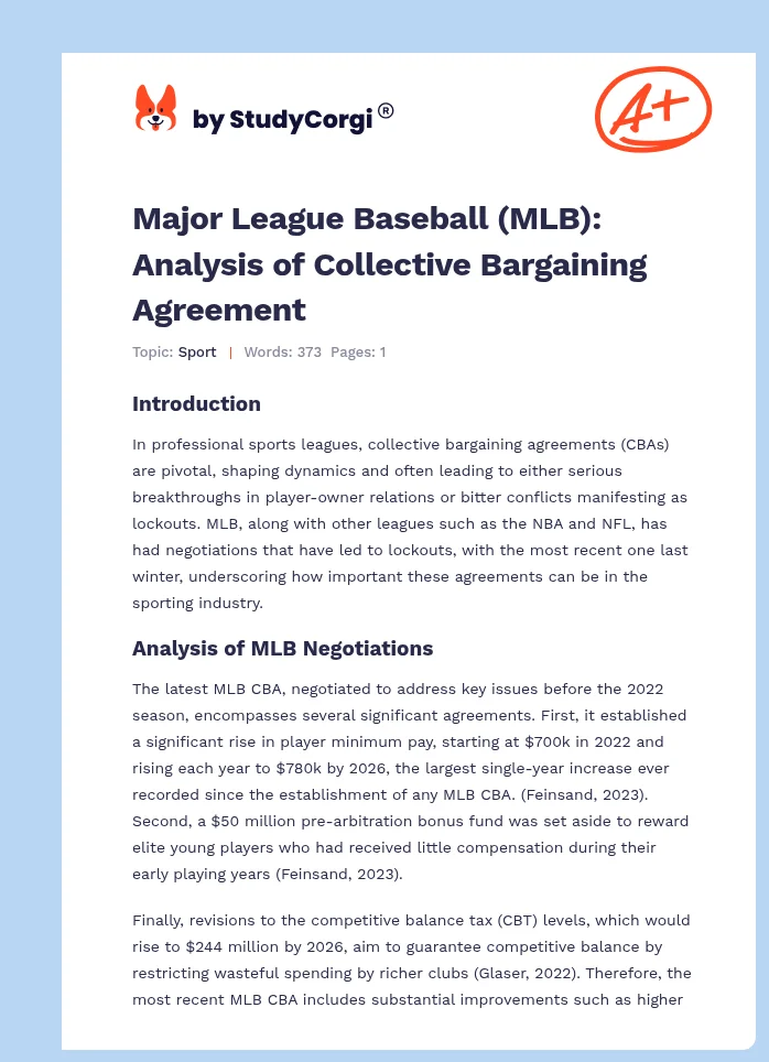 Major League Baseball (MLB): Analysis of Collective Bargaining Agreement. Page 1