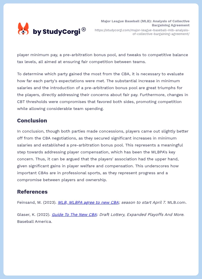 Major League Baseball (MLB): Analysis of Collective Bargaining Agreement. Page 2