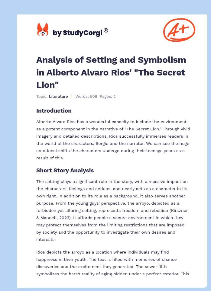 Analysis of Setting and Symbolism in Alberto Alvaro Rios' "The Secret Lion". Page 1