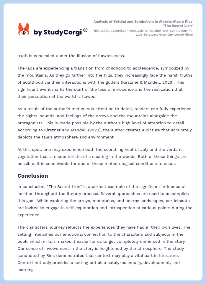 Analysis of Setting and Symbolism in Alberto Alvaro Rios' "The Secret Lion". Page 2