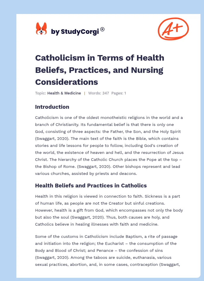 Catholicism in Terms of Health Beliefs, Practices, and Nursing Considerations. Page 1