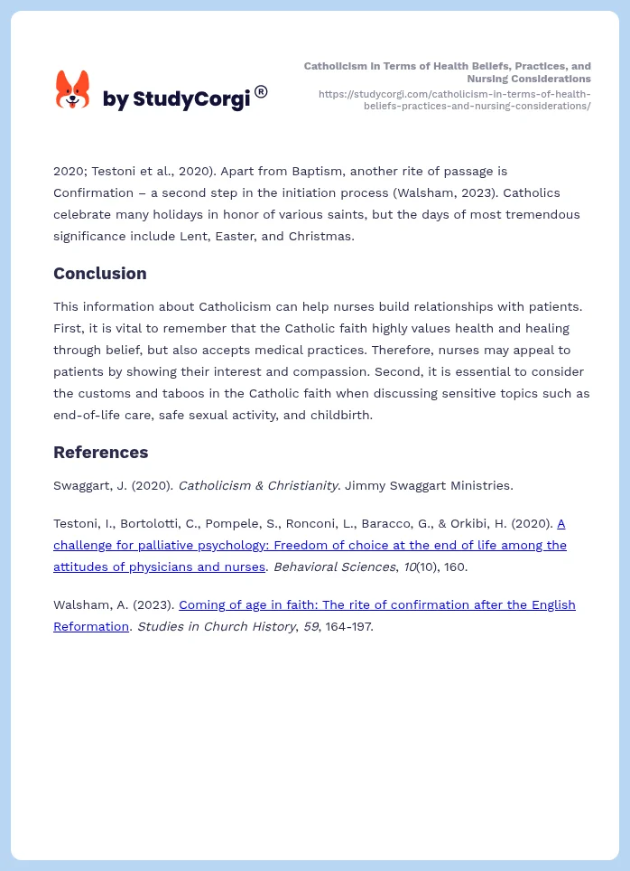 Catholicism in Terms of Health Beliefs, Practices, and Nursing Considerations. Page 2