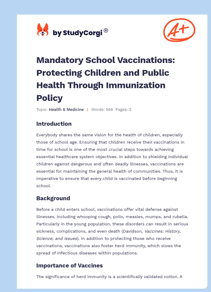 Mandatory School Vaccinations: Protecting Children and Public Health Through Immunization Policy. Page 1