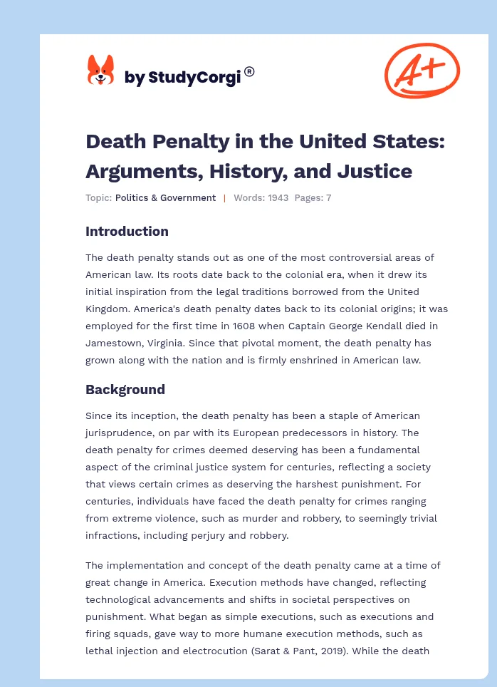 Death Penalty in the United States: Arguments, History, and Justice. Page 1