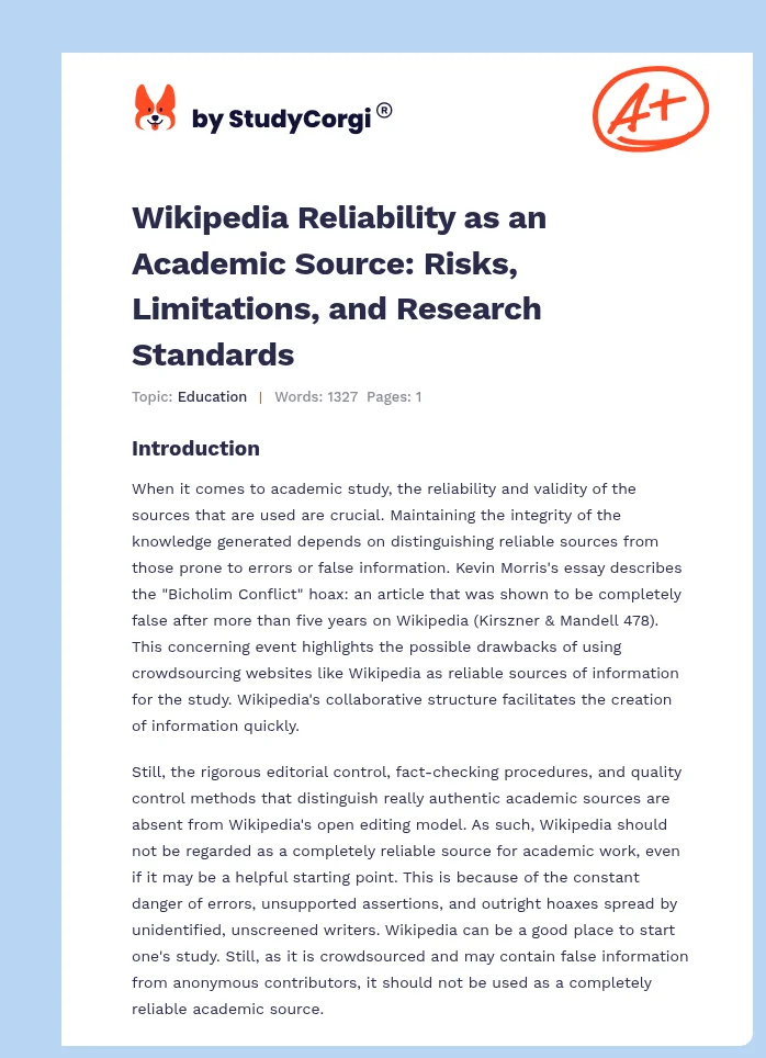 Wikipedia Reliability as an Academic Source: Risks, Limitations, and Research Standards. Page 1